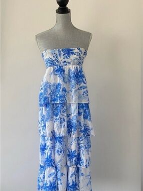Blue Floral Strapless Dress